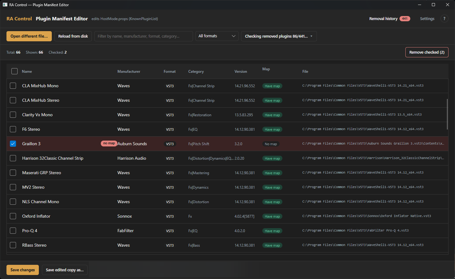 RA Plugin Manifest Editor showing a checklist of audio plugins with search, removal history, and save controls